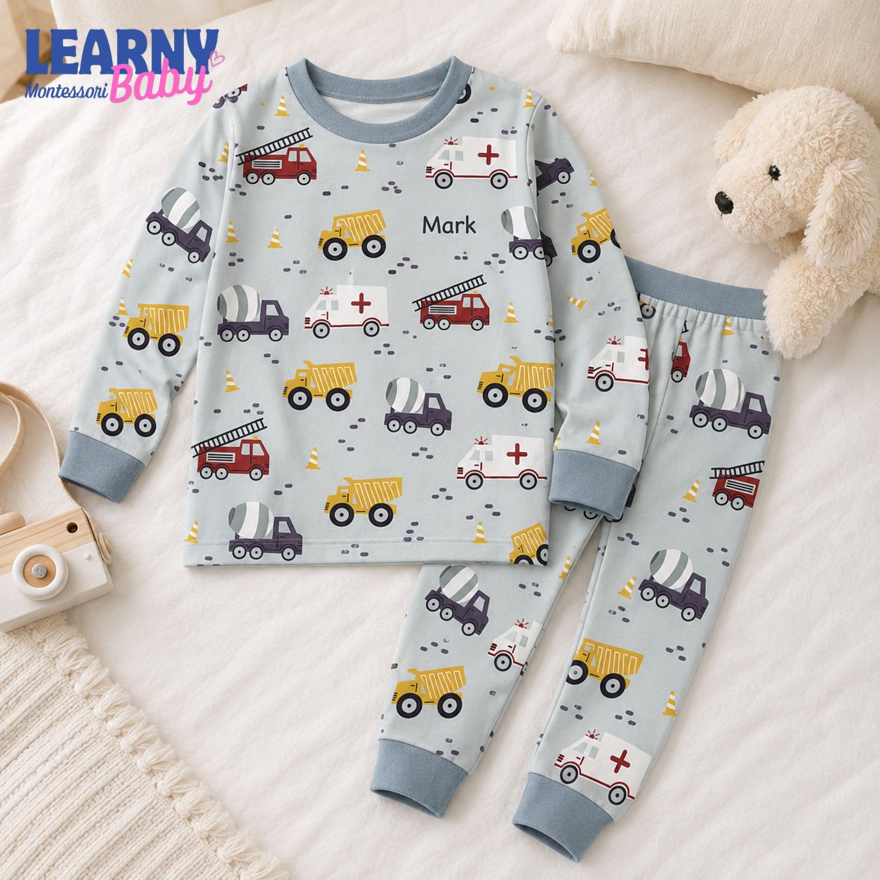 Personalized Construction Vehicle Bamboo Pajamas for Boys, Custom Name Truck Ambulance and Fire Engine Short Set