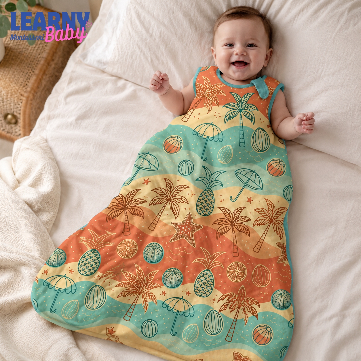 Tropical Beach Bamboo Baby Sleep Sack, Palm Tree and Ocean Wearable Blanket, Summer Baby Nursery Gift