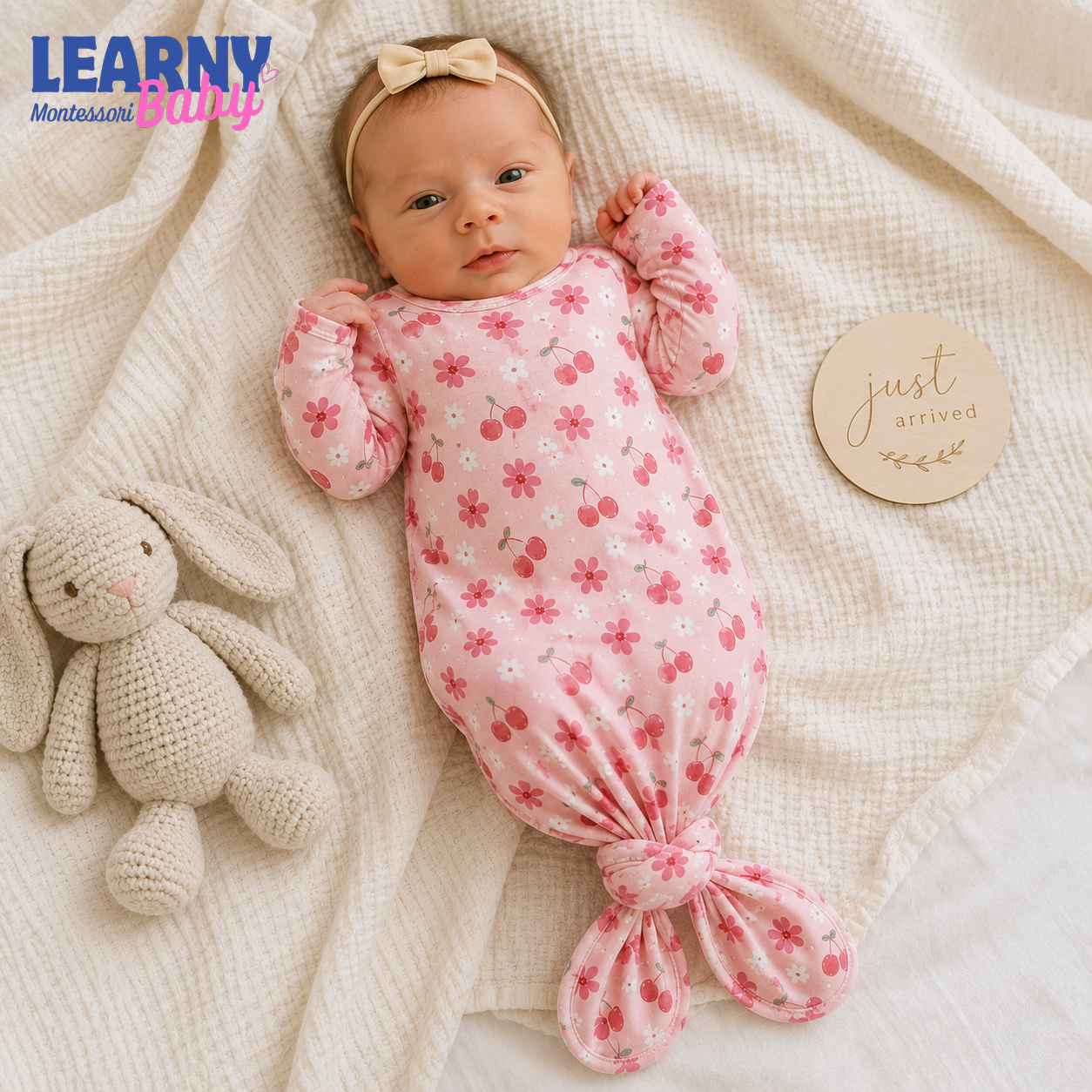 Newborn Baby Knotted Gown, Pink Floral Bamboo Sleeper, Baby Girl Hospital Coming Home Outfit