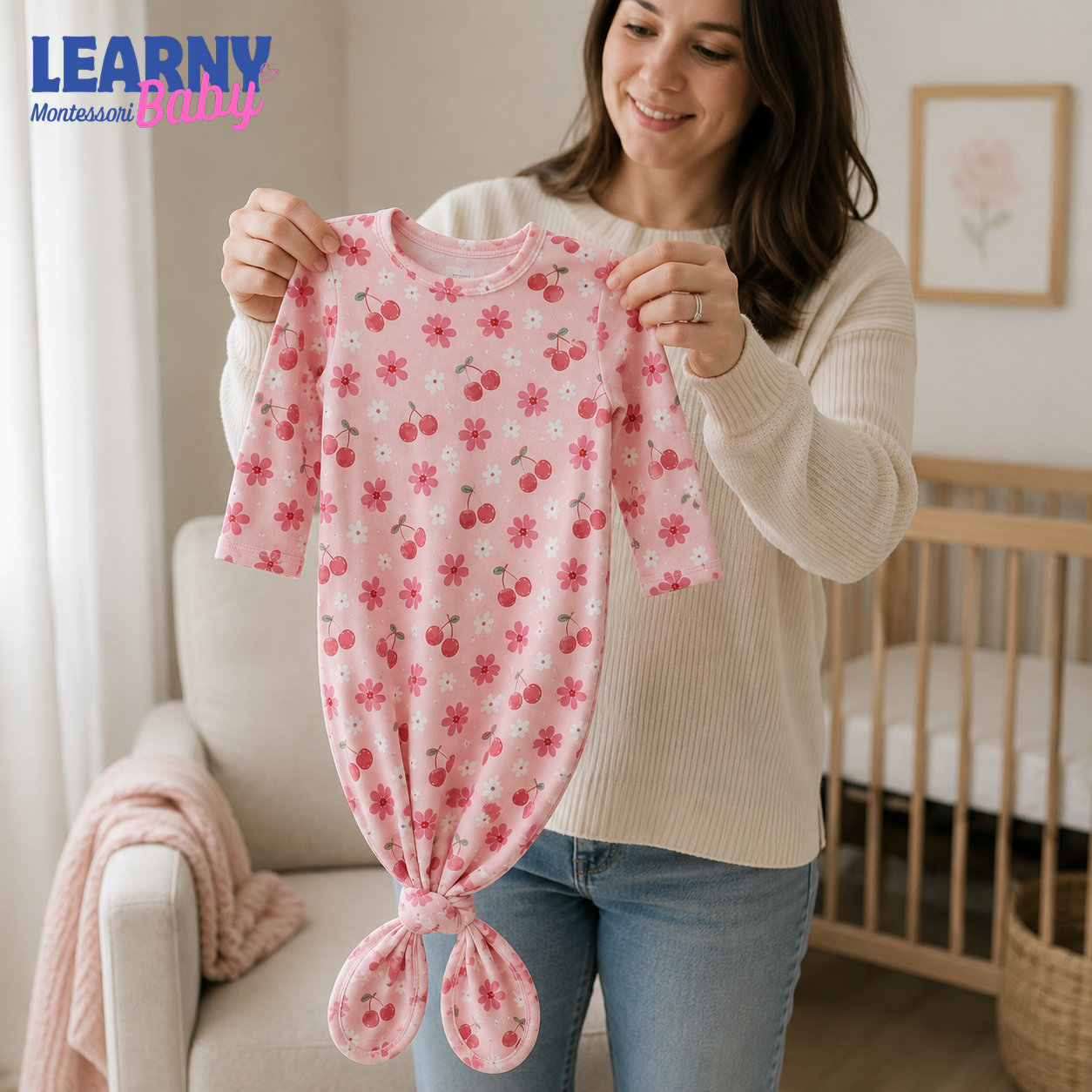 Newborn Baby Knotted Gown, Pink Floral Bamboo Sleeper, Baby Girl Hospital Coming Home Outfit