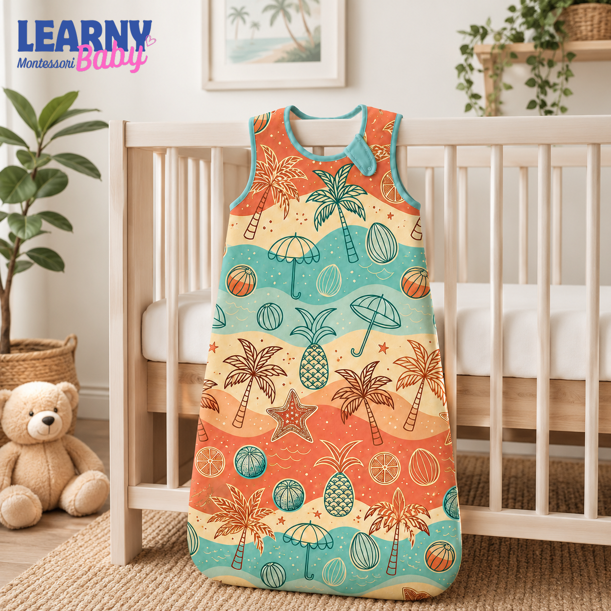 Tropical Beach Bamboo Baby Sleep Sack, Palm Tree and Ocean Wearable Blanket, Summer Baby Nursery Gift