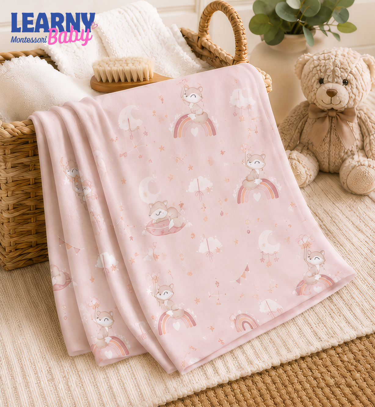 Pink Woodland Bamboo Baby Blanket, Cute Raccoon and Rainbow Nursery Blanket, Soft Baby Girl Receiving Blanket, Newborn Gift