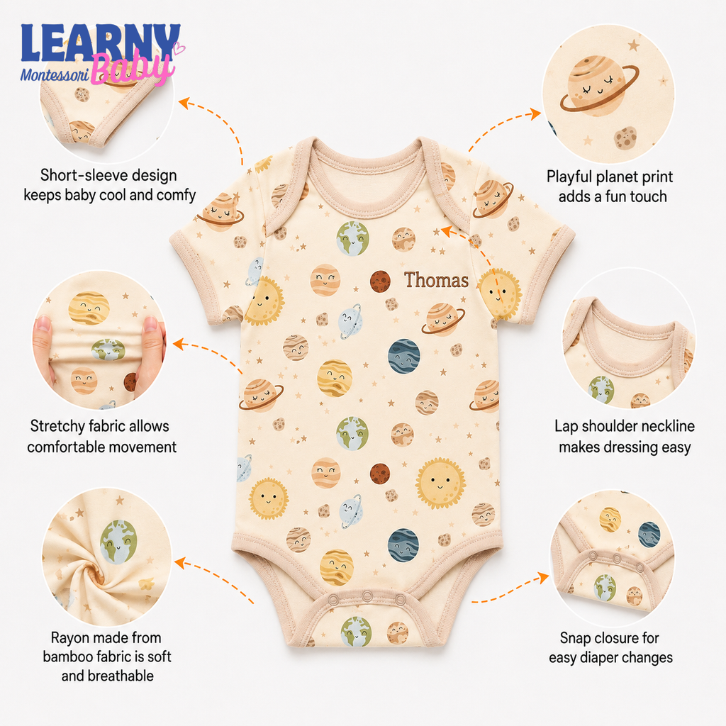 Bamboo Baby Bodysuit, Personalized Space Planet Baby Onesie, Soft Bamboo Viscose Infant Bodysuit