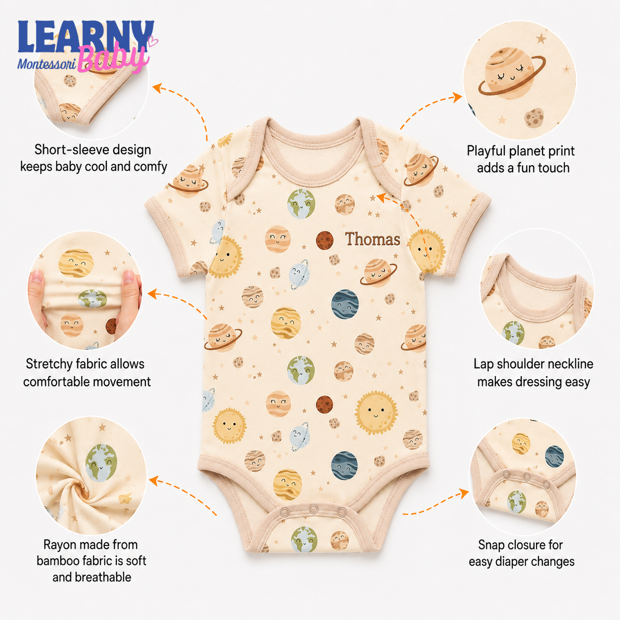 Bamboo Baby Bodysuit, Personalized Space Planet Baby Onesie, Soft Bamboo Viscose Infant Bodysuit