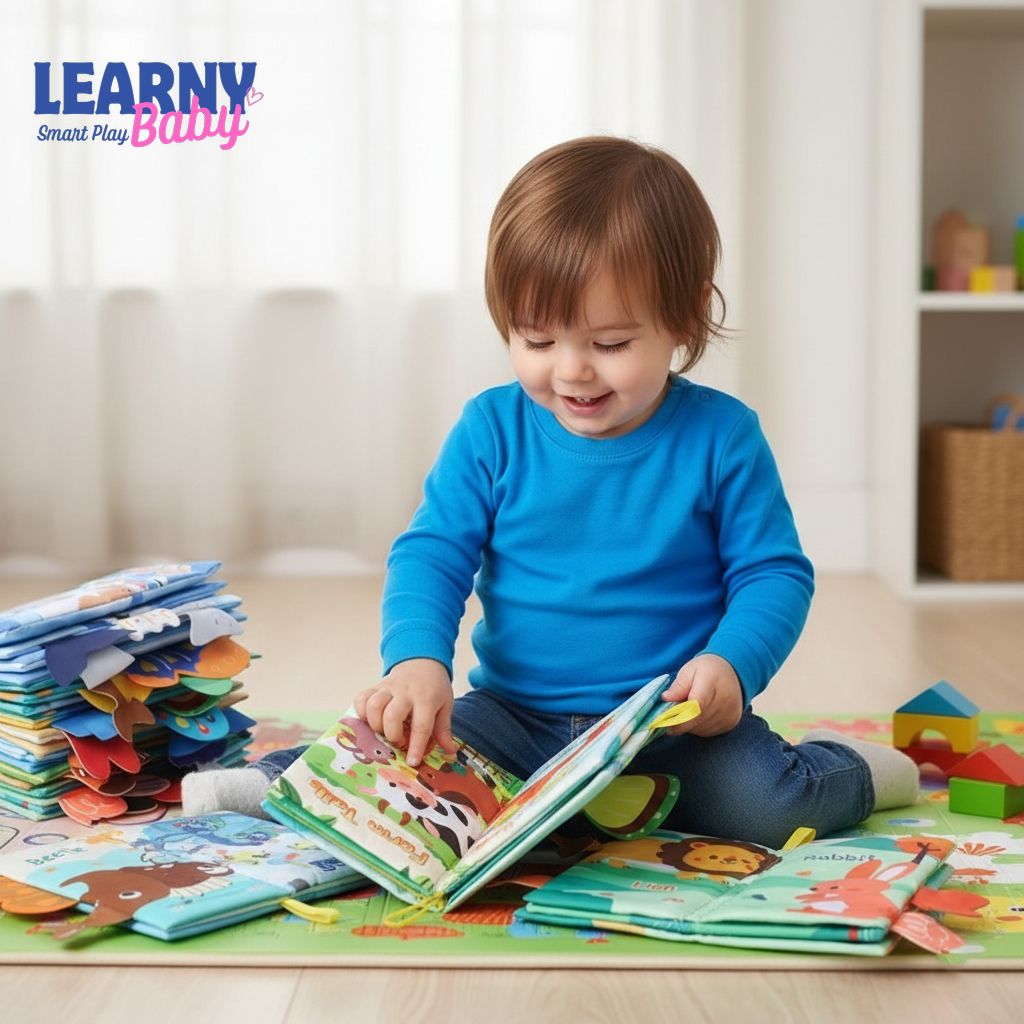 Baby Cloth Book with Cartoon Animal Tails, Ringed Soft Sensory Book for Infants 0–12 Months, Montessori Early Learning Toy, Educational Crinkle Baby Book Gift LBBB03