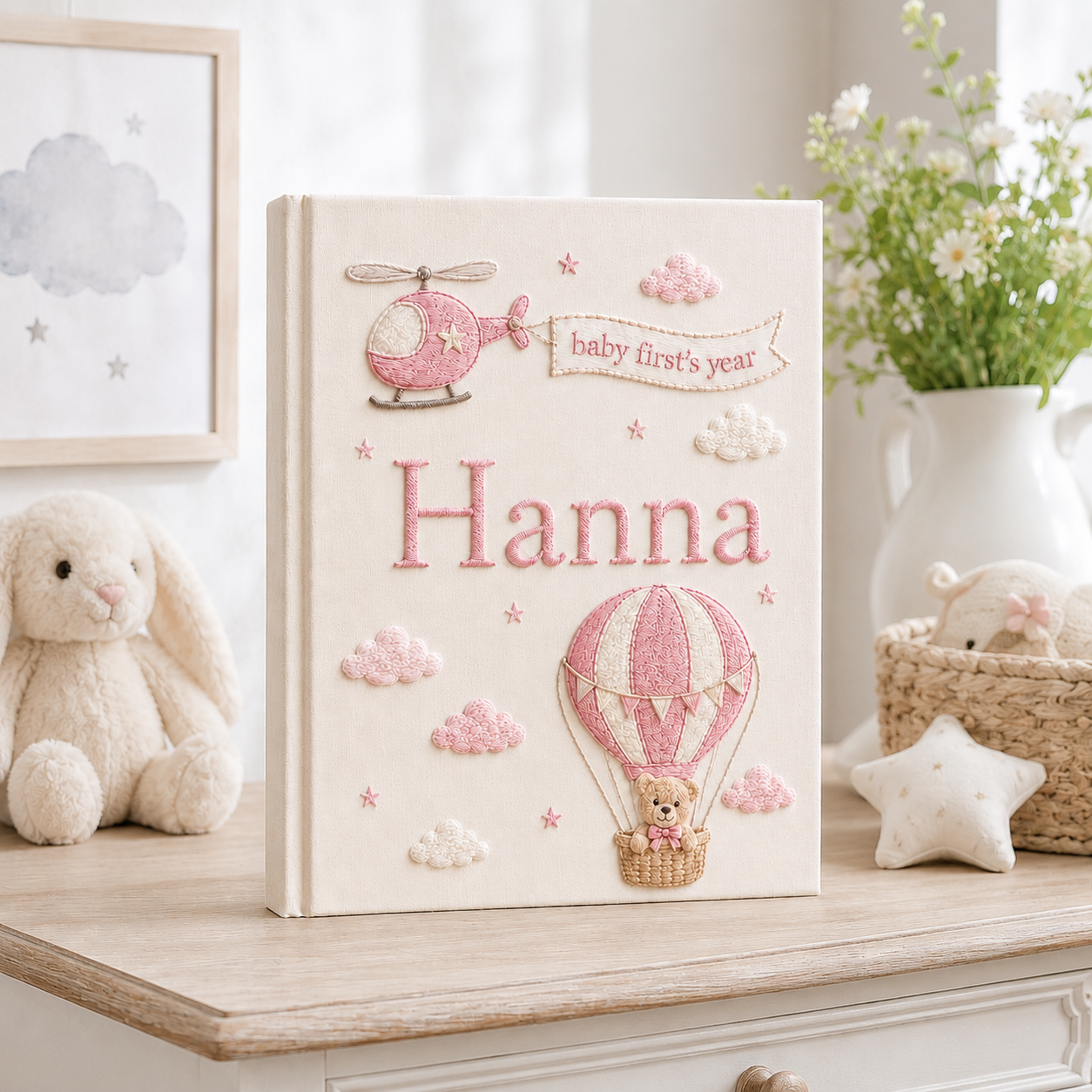 Personalized Flower Baby Photo Album, Custom Hand Embroidered Keepsake Album with Sleeves, Cute Linen Memory Book EPLB10