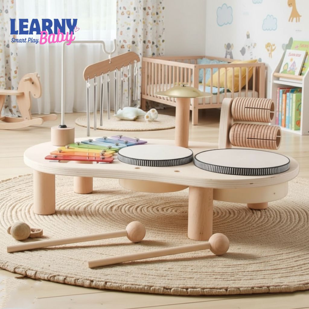 Wooden Musical Toy for Babies, Drum & Xylophone Montessori Music Table, Early Music & Fine Motor Skills, Ages 1–3