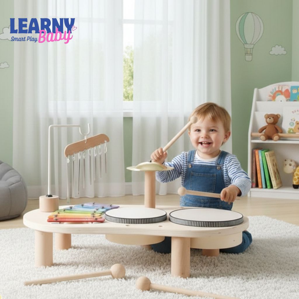 Wooden Musical Toy for Babies, Drum & Xylophone Montessori Music Table, Early Music & Fine Motor Skills, Ages 1–3