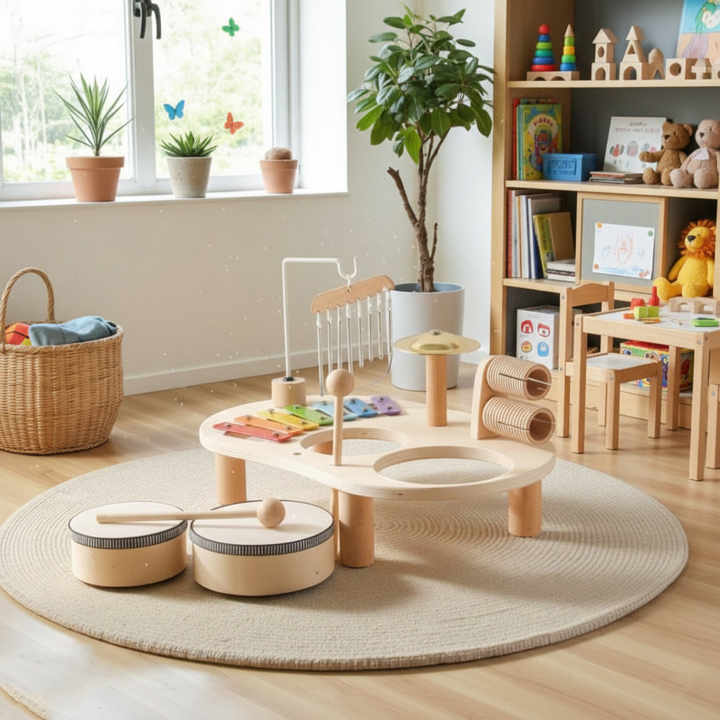 Wooden Musical Toy for Babies, Drum & Xylophone Montessori Music Table, Early Music & Fine Motor Skills, Ages 1–3