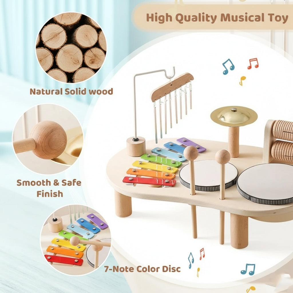 Wooden Musical Toy for Babies, Drum & Xylophone Montessori Music Table, Early Music & Fine Motor Skills, Ages 1–3