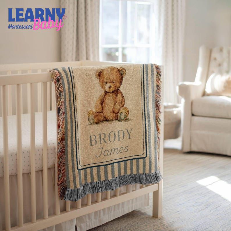 Personalized Teddy Bear Baby Woven Blanket, Custom Name Nursery Blanket, Vintage Bear Baby Blanket, Newborn Baby Gift