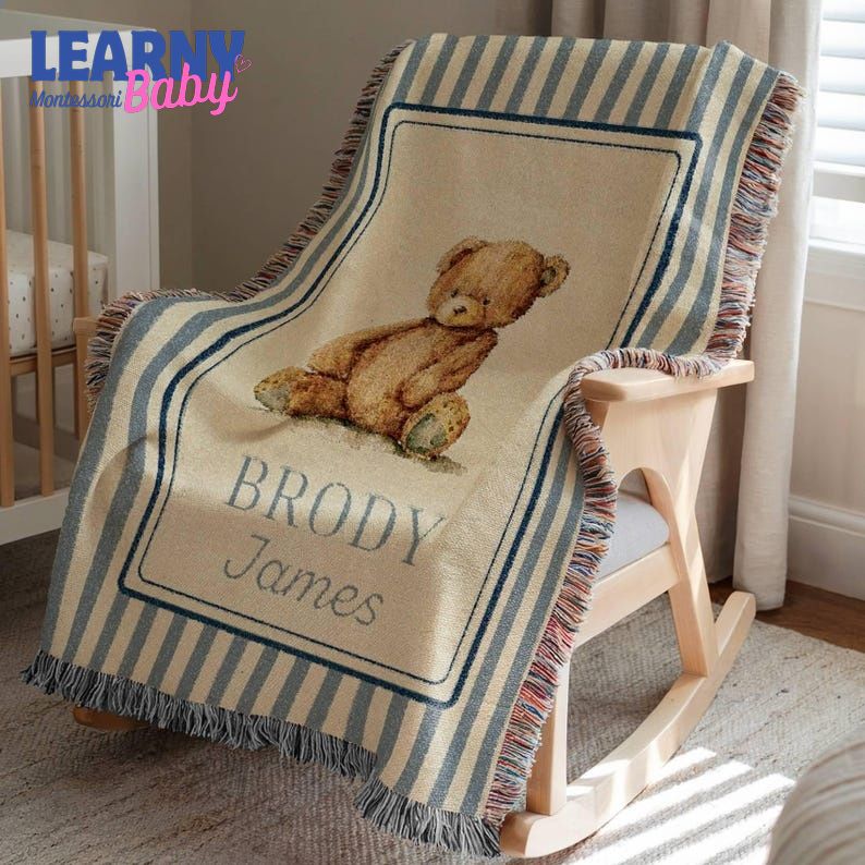 Personalized Teddy Bear Baby Woven Blanket, Custom Name Nursery Blanket, Vintage Bear Baby Blanket, Newborn Baby Gift