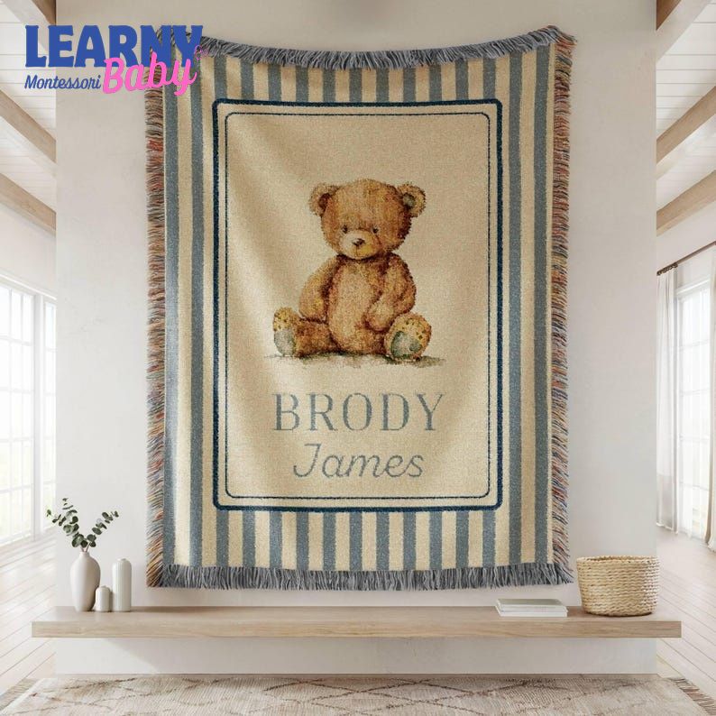 Personalized Teddy Bear Baby Woven Blanket, Custom Name Nursery Blanket, Vintage Bear Baby Blanket, Newborn Baby Gift