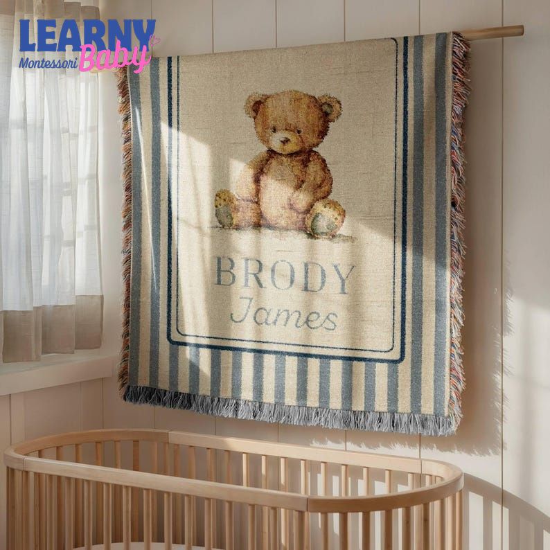 Personalized Teddy Bear Baby Woven Blanket, Custom Name Nursery Blanket, Vintage Bear Baby Blanket, Newborn Baby Gift