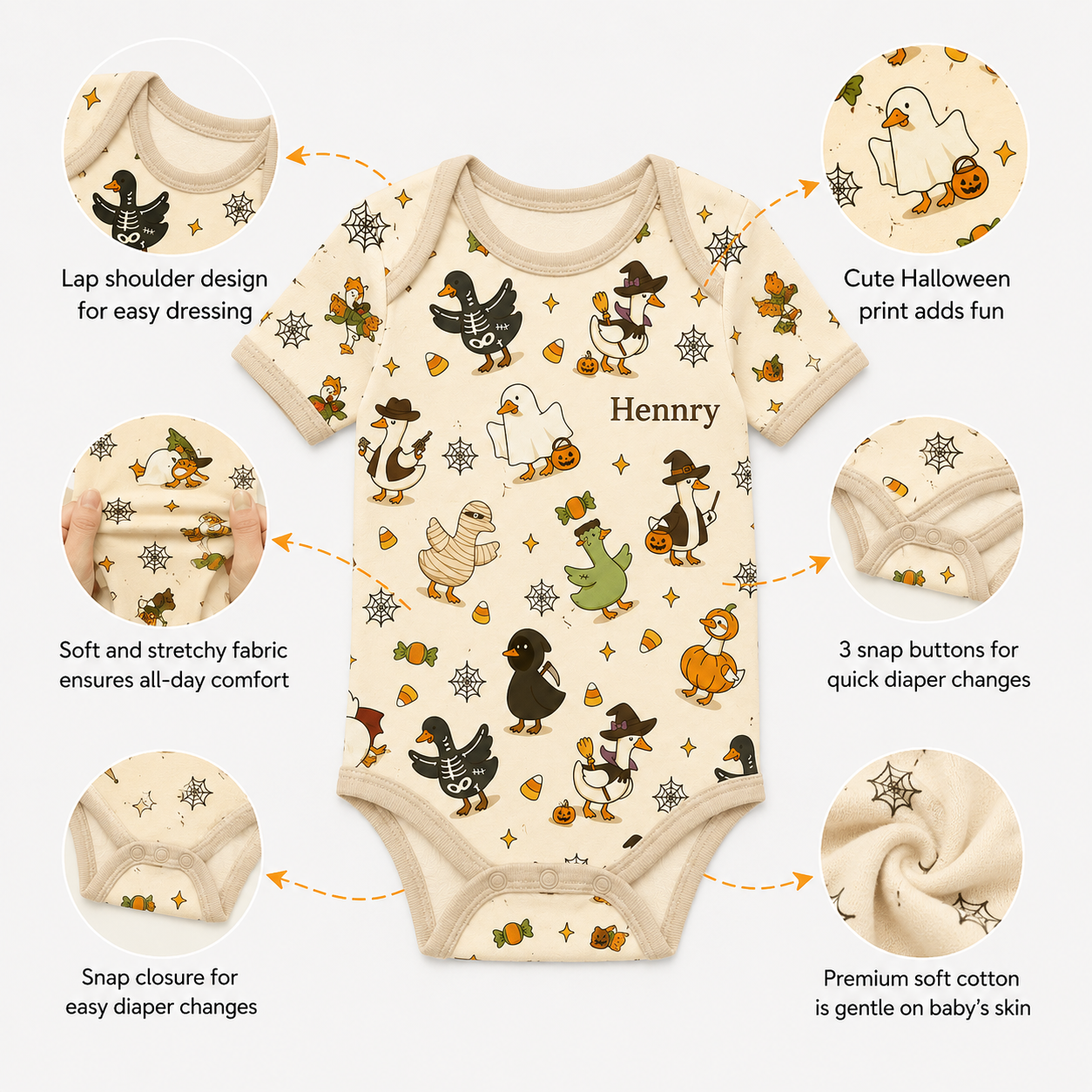 Bamboo Baby Bodysuit, Personalized Halloween Duck Baby Onesie, Soft Bamboo Viscose Infant Bodysuit