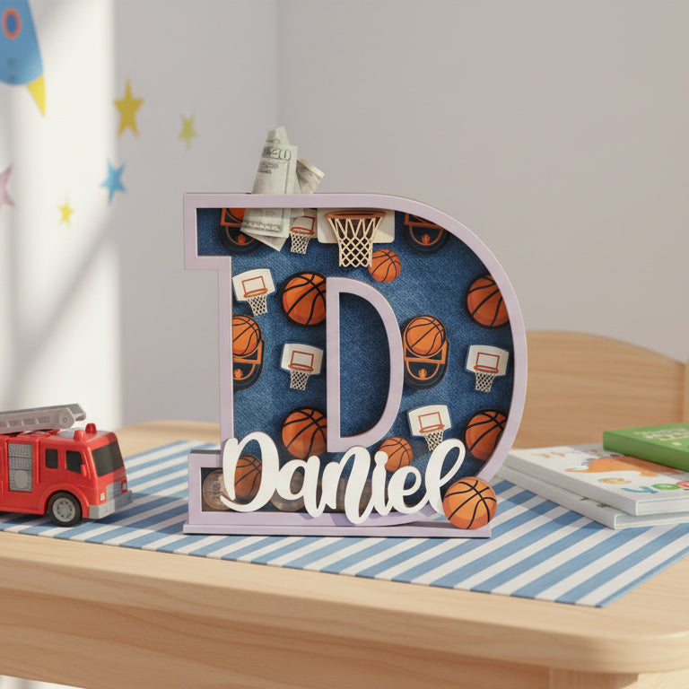 Personalized Basketball Piggy Bank, Wooden Coin Bank for Kids, Custom Name, Birthday Gift, Sports Room Decor, Gift For Boys