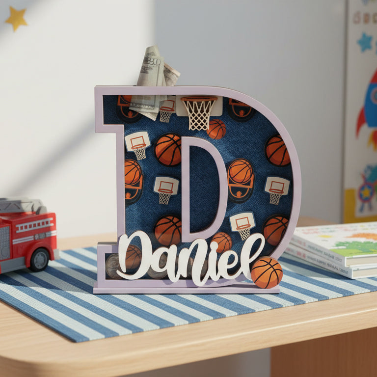 Personalized Basketball Piggy Bank, Wooden Coin Bank for Kids, Custom Name, Birthday Gift, Sports Room Decor, Gift For Boys