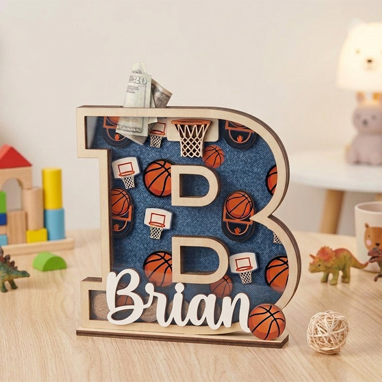Personalized Basketball Piggy Bank, Wooden Coin Bank for Kids, Custom Name, Birthday Gift, Sports Room Decor, Gift For Boys