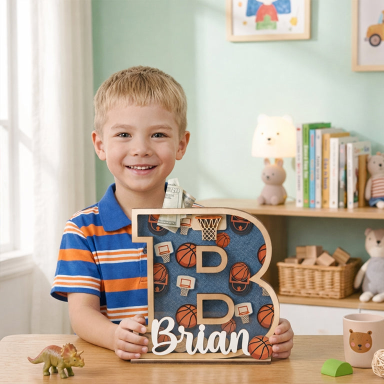 Personalized Basketball Piggy Bank, Wooden Coin Bank for Kids, Custom Name, Birthday Gift, Sports Room Decor, Gift For Boys