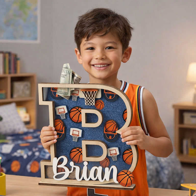 Personalized Basketball Piggy Bank, Wooden Coin Bank for Kids, Custom Name, Birthday Gift, Sports Room Decor, Gift For Boys