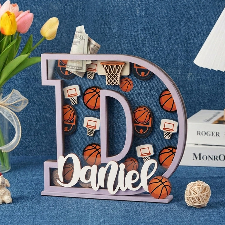 Personalized Basketball Piggy Bank, Wooden Coin Bank for Kids, Custom Name, Birthday Gift, Sports Room Decor, Gift For Boys