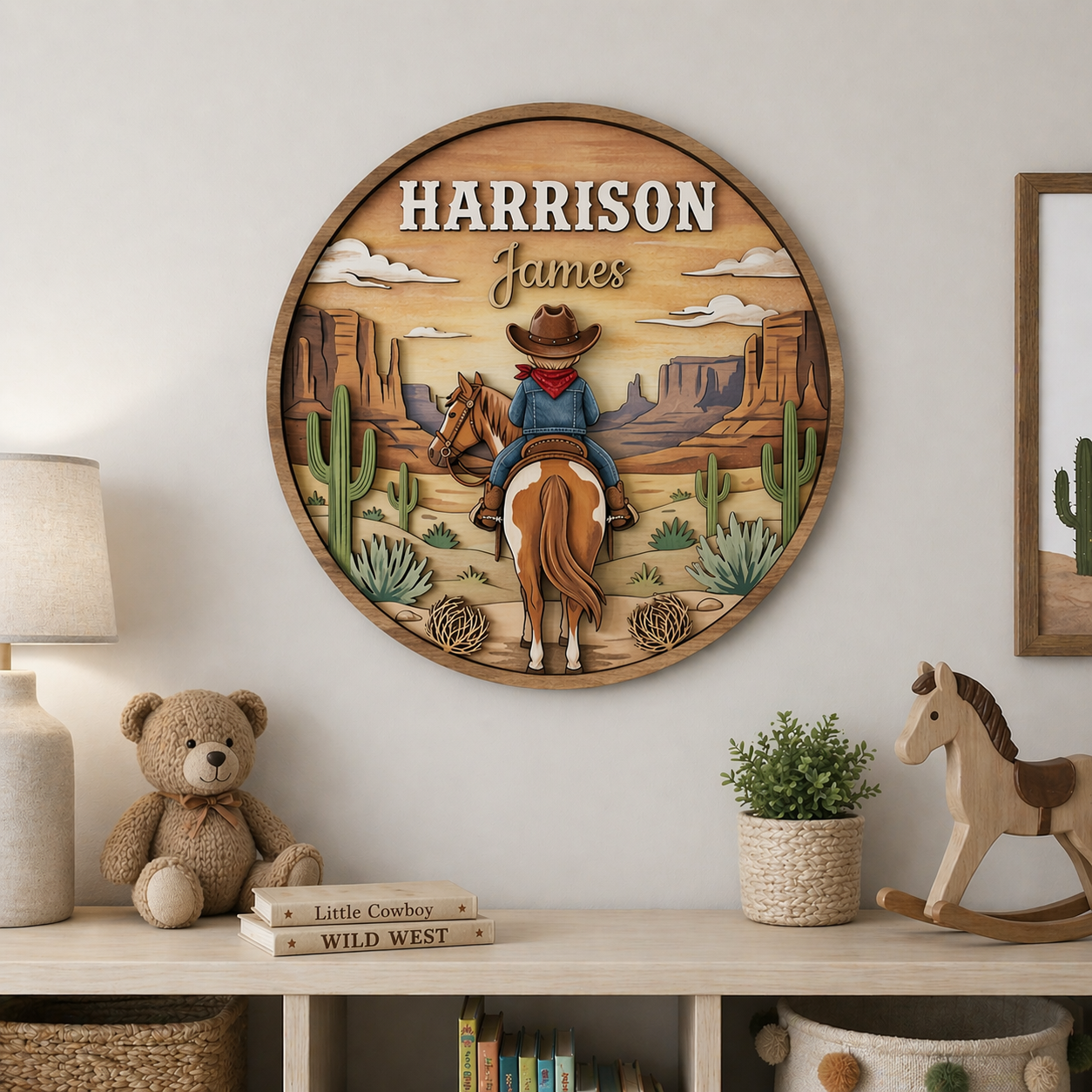 Personalized Cowboy Nursery Name Sign, Western Baby Boy Room Decor, Custom Wooden Name Plaque, Desert Horse Cowboy Wall Art