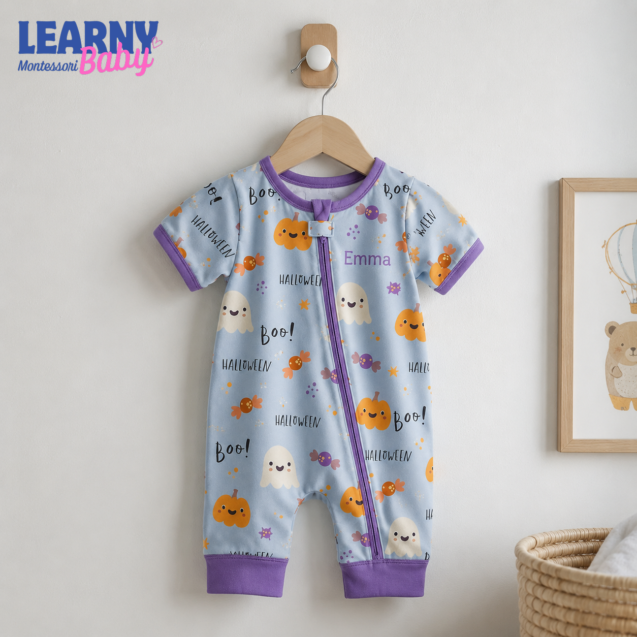 Personalized Cute Halloween Bamboo Baby Convertible Zippy, Custom Name Pumpkin Ghost Pajamas, Baby Boy Girl Romper
