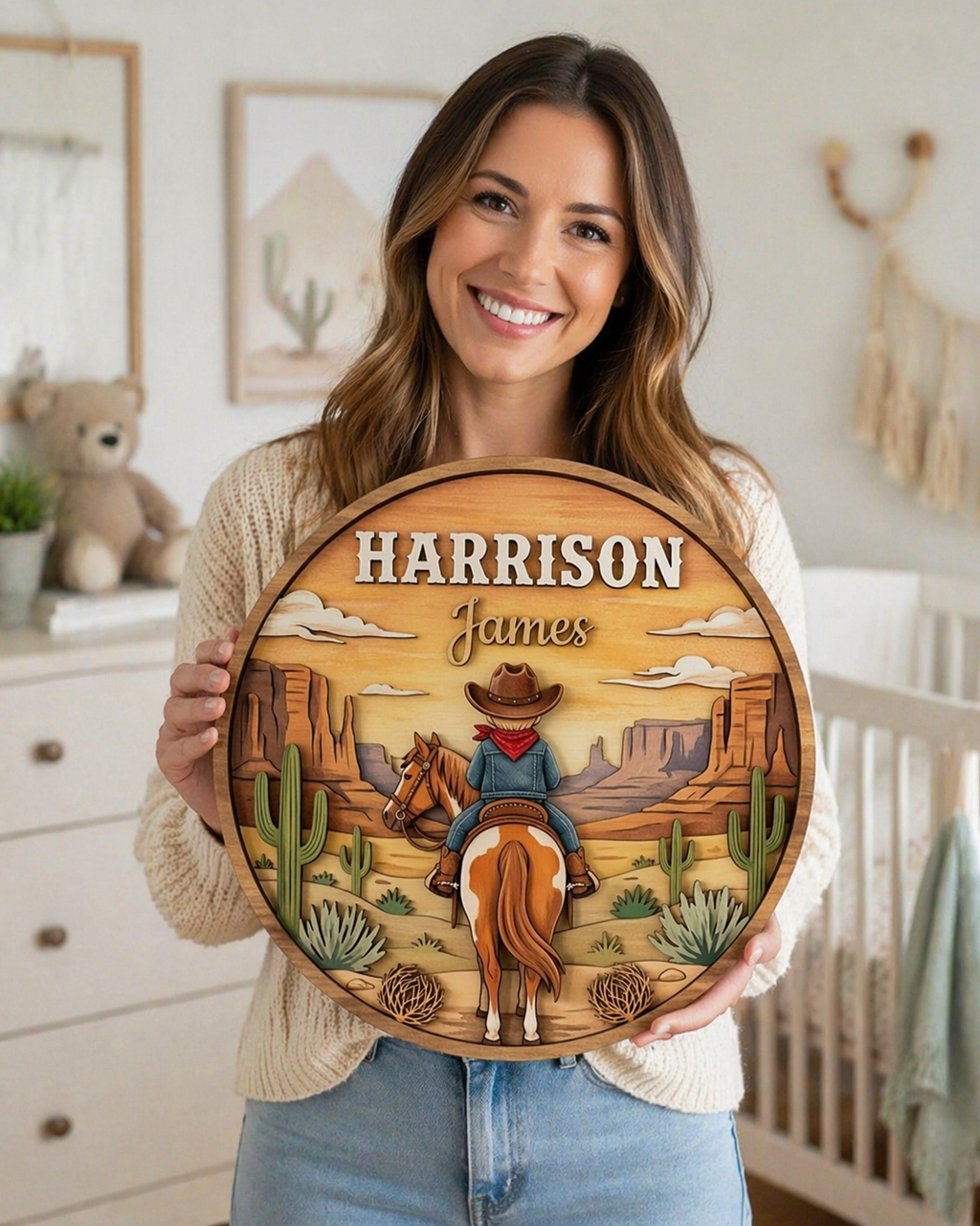 Personalized Cowboy Nursery Name Sign, Western Baby Boy Room Decor, Custom Wooden Name Plaque, Desert Horse Cowboy Wall Art