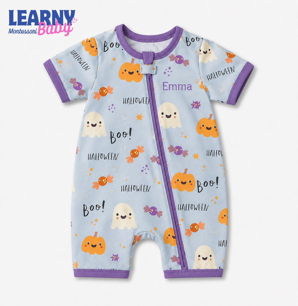 Personalized Cute Halloween Bamboo Baby Convertible Zippy, Custom Name Pumpkin Ghost Pajamas, Baby Boy Girl Romper
