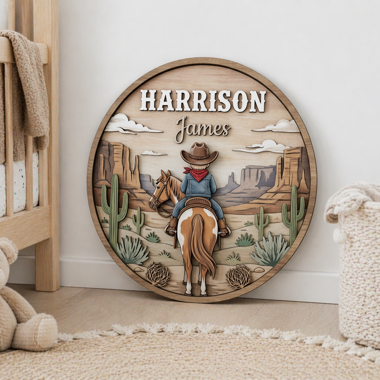 Personalized Cowboy Nursery Name Sign, Western Baby Boy Room Decor, Custom Wooden Name Plaque, Desert Horse Cowboy Wall Art