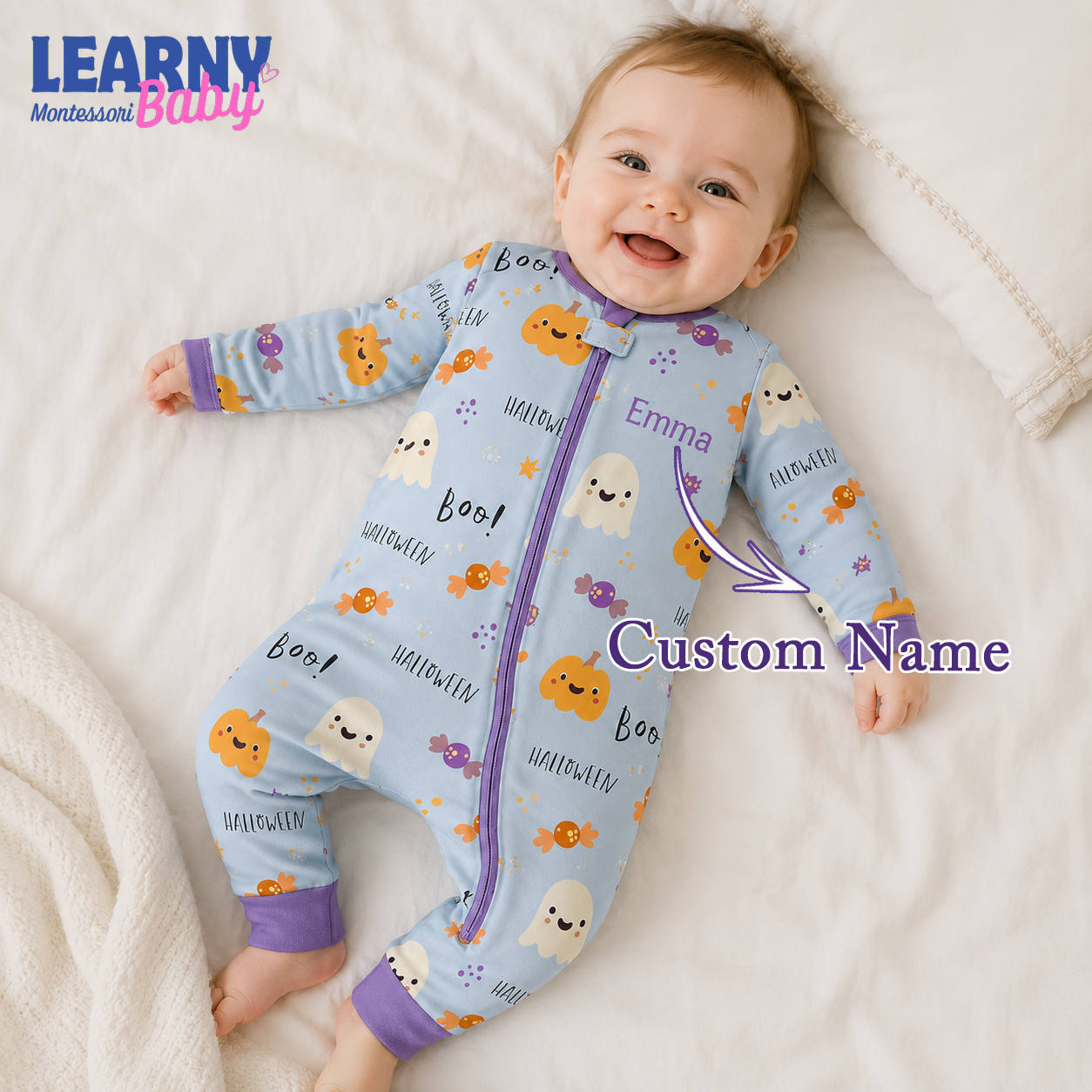 Personalized Cute Halloween Bamboo Baby Convertible Zippy, Custom Name Pumpkin Ghost Pajamas, Baby Boy Girl Romper