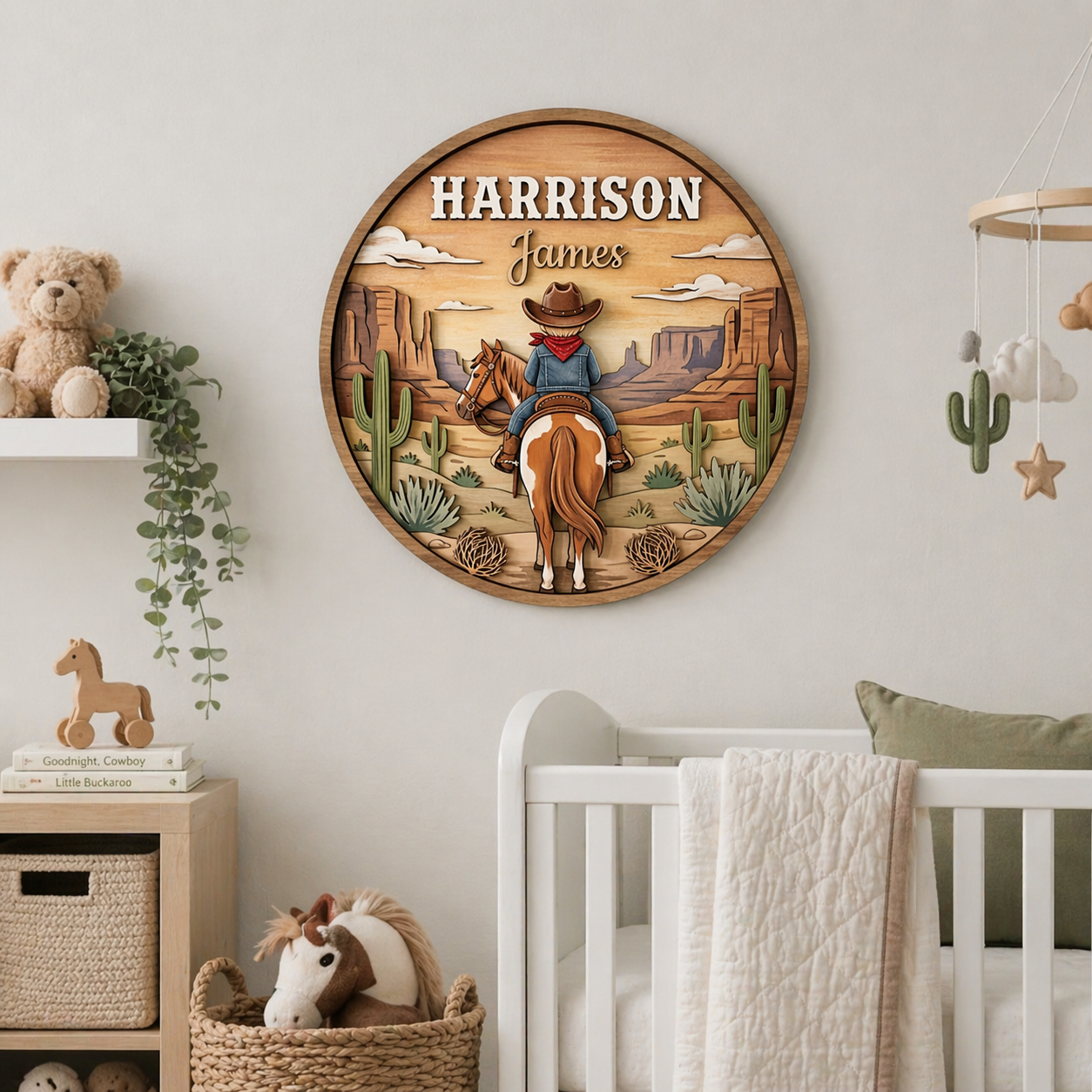 Personalized Cowboy Nursery Name Sign, Western Baby Boy Room Decor, Custom Wooden Name Plaque, Desert Horse Cowboy Wall Art
