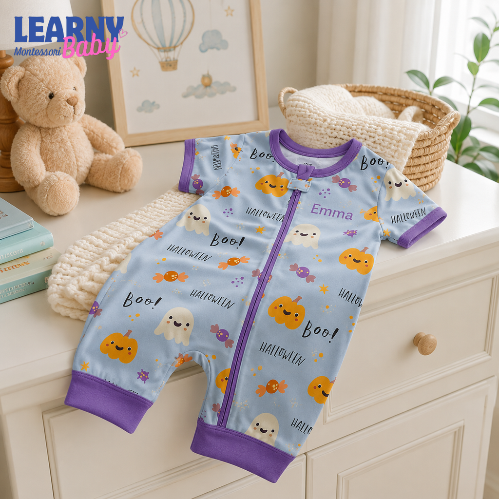 Personalized Cute Halloween Bamboo Baby Convertible Zippy, Custom Name Pumpkin Ghost Pajamas, Baby Boy Girl Romper