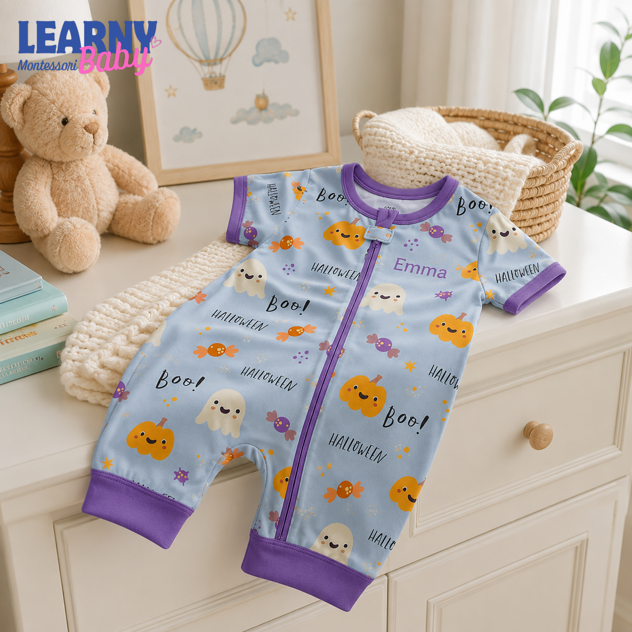Personalized Cute Halloween Bamboo Baby Convertible Zippy, Custom Name Pumpkin Ghost Pajamas, Baby Boy Girl Romper