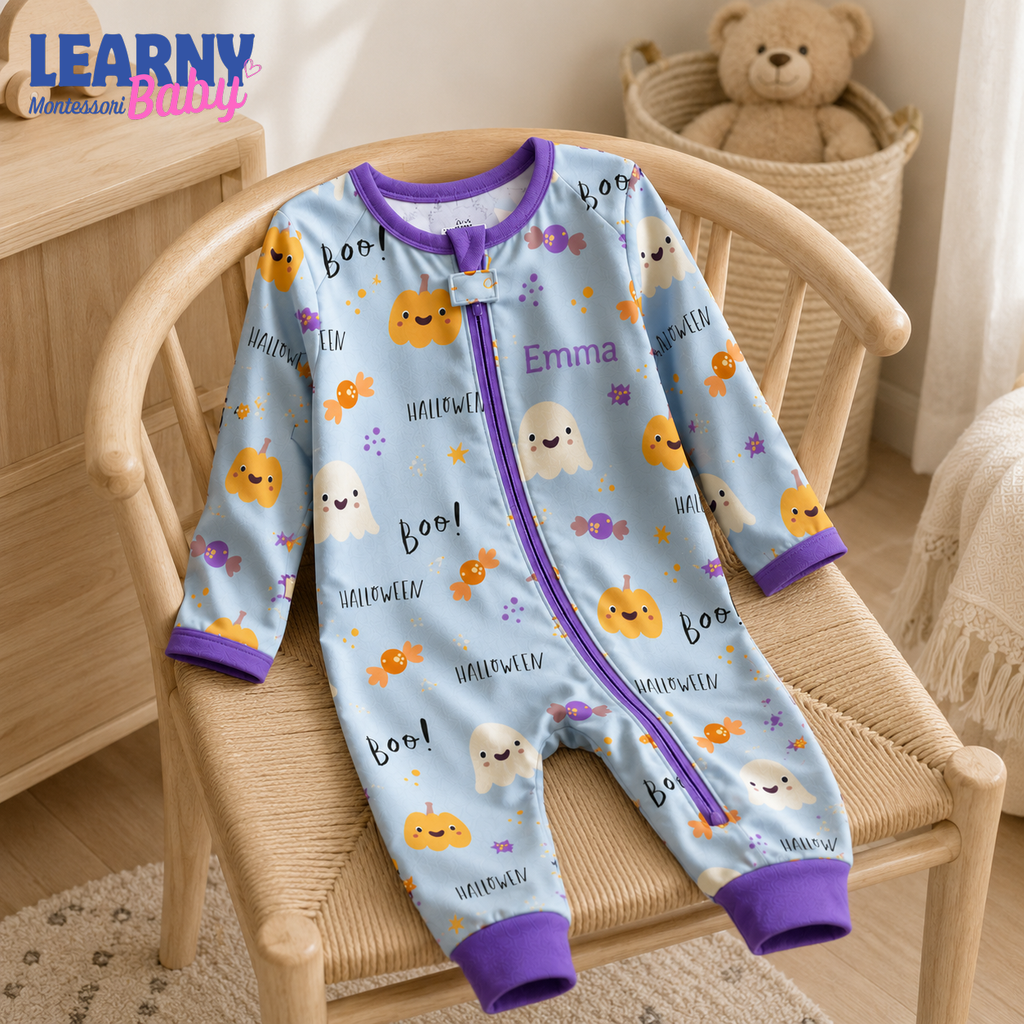Personalized Cute Halloween Bamboo Baby Convertible Zippy, Custom Name Pumpkin Ghost Pajamas, Baby Boy Girl Romper