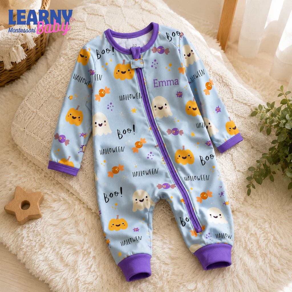 Personalized Cute Halloween Bamboo Baby Convertible Zippy, Custom Name Pumpkin Ghost Pajamas, Baby Boy Girl Romper