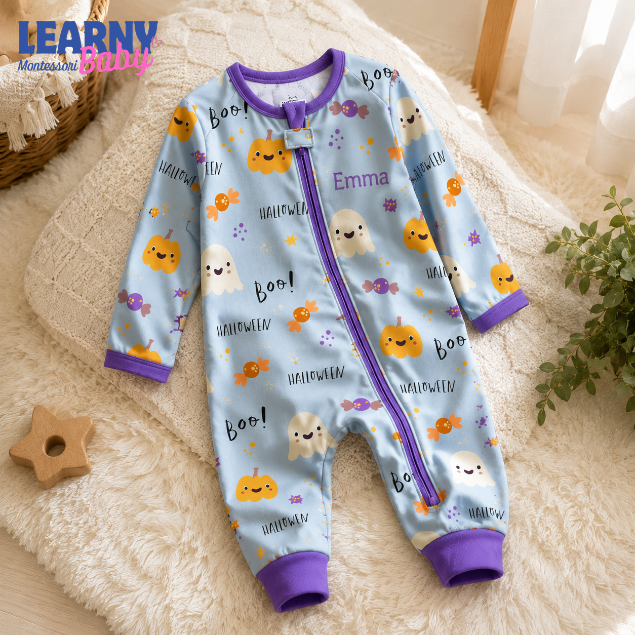Personalized Cute Halloween Bamboo Baby Convertible Zippy, Custom Name Pumpkin Ghost Pajamas, Baby Boy Girl Romper