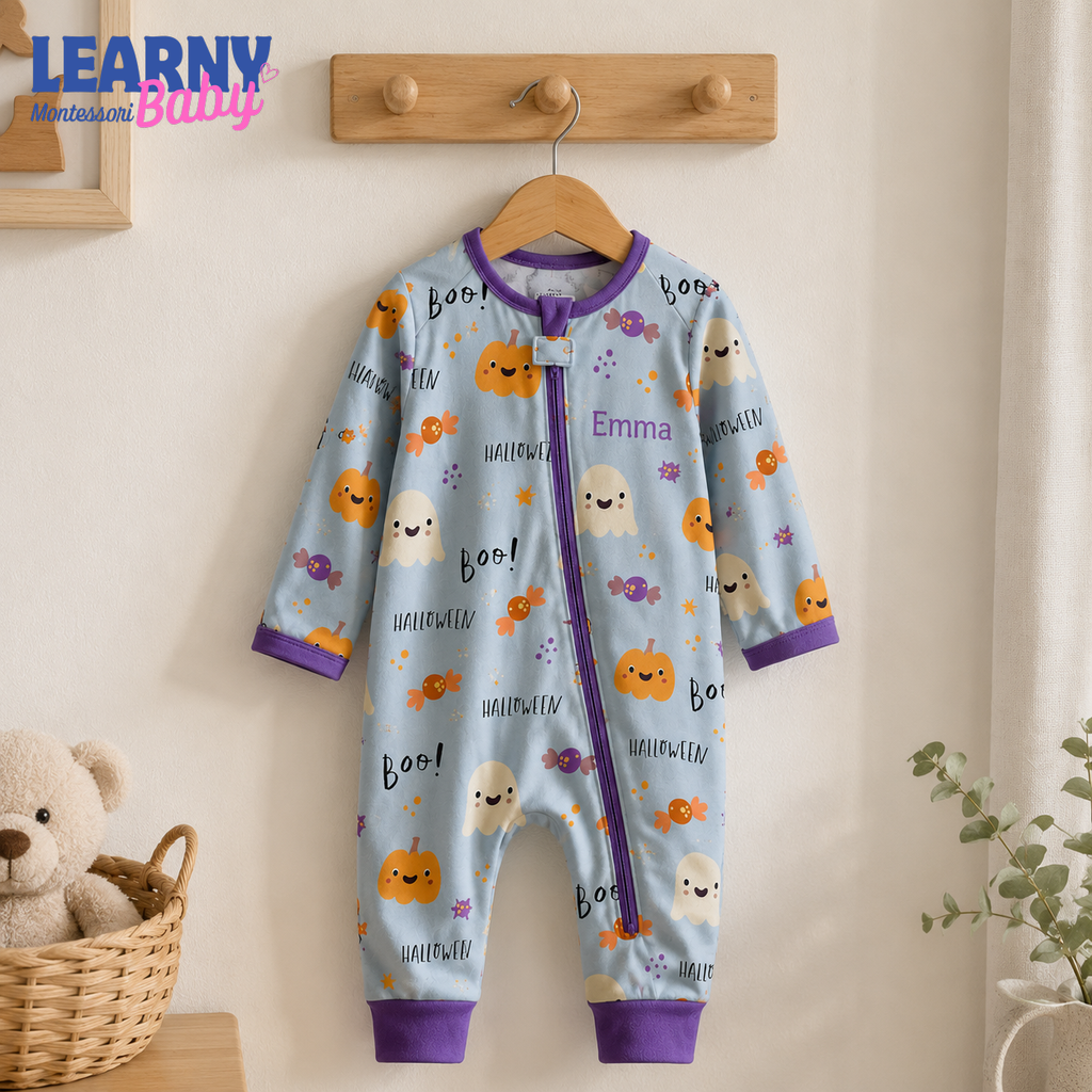 Personalized Cute Halloween Bamboo Baby Convertible Zippy, Custom Name Pumpkin Ghost Pajamas, Baby Boy Girl Romper