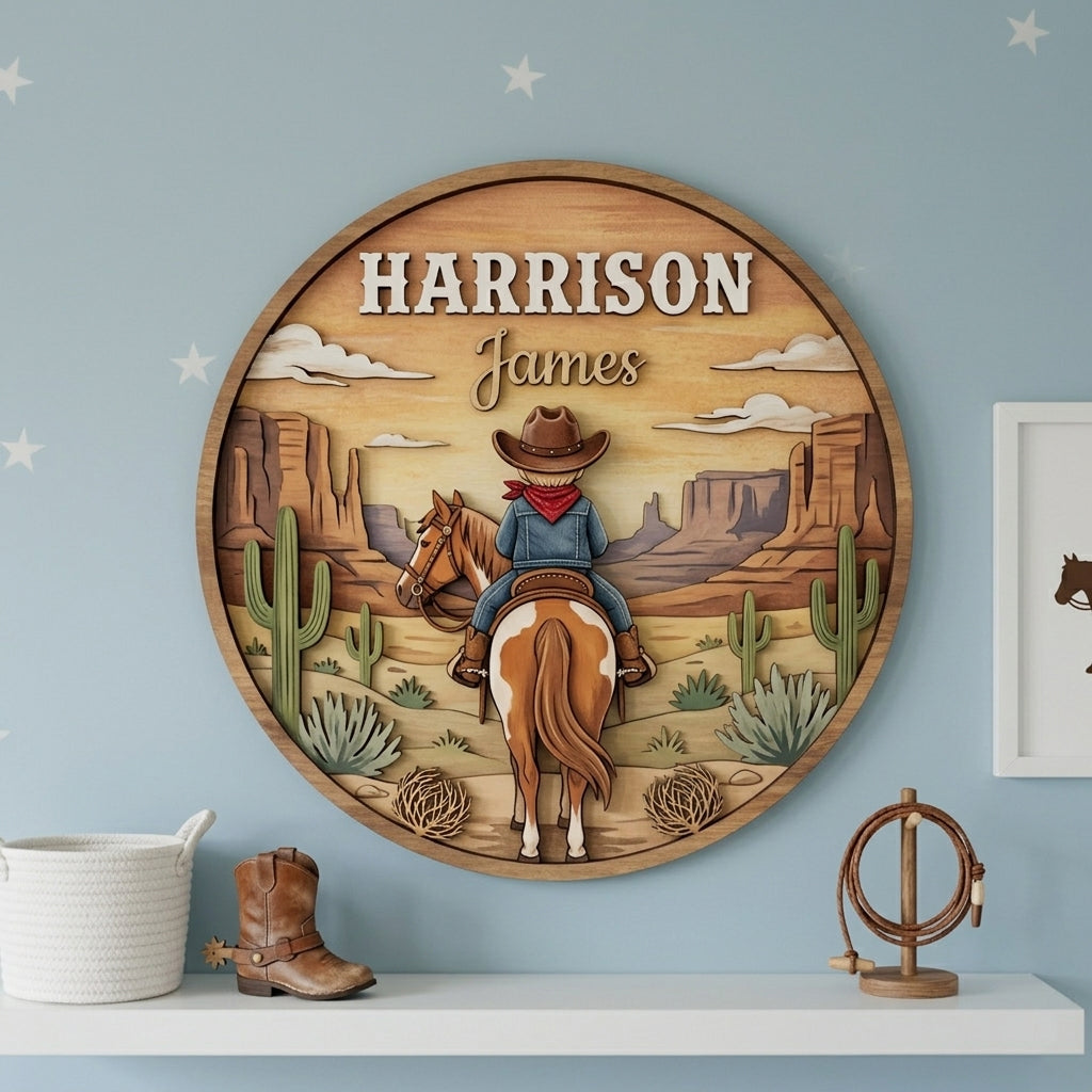 Personalized Cowboy Nursery Name Sign, Western Baby Boy Room Decor, Custom Wooden Name Plaque, Desert Horse Cowboy Wall Art