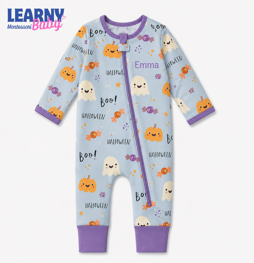 Personalized Cute Halloween Bamboo Baby Convertible Zippy, Custom Name Pumpkin Ghost Pajamas, Baby Boy Girl Romper