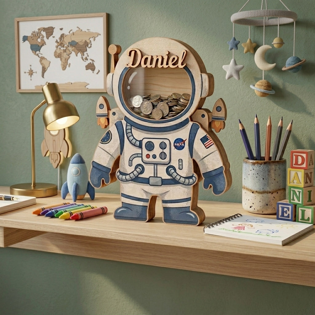 Personalized Astronaut Piggy Bank for Kids, Custom Name Wooden Coin Bank, Space Saving Bank, Birthday Gift for Boys, Nursery Decor