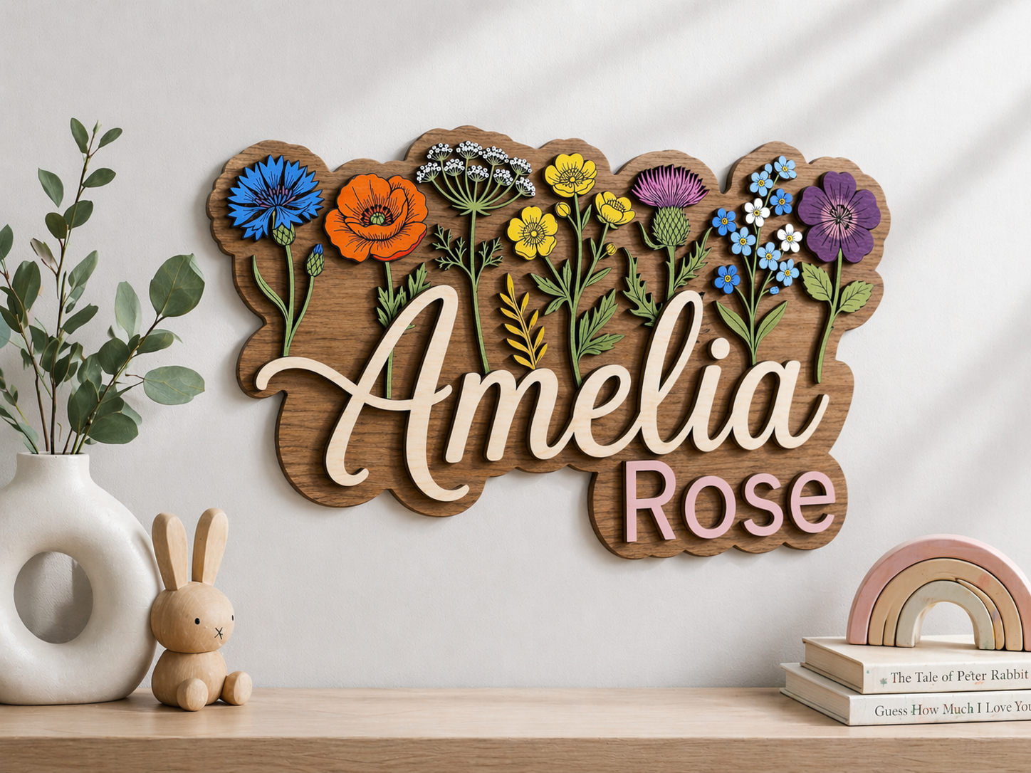 Personalized Wildflower Name Sign, Custom Wooden Floral Nursery Decor, Baby Girl Name Plaque, Wildflower Wall Art for Kids Room