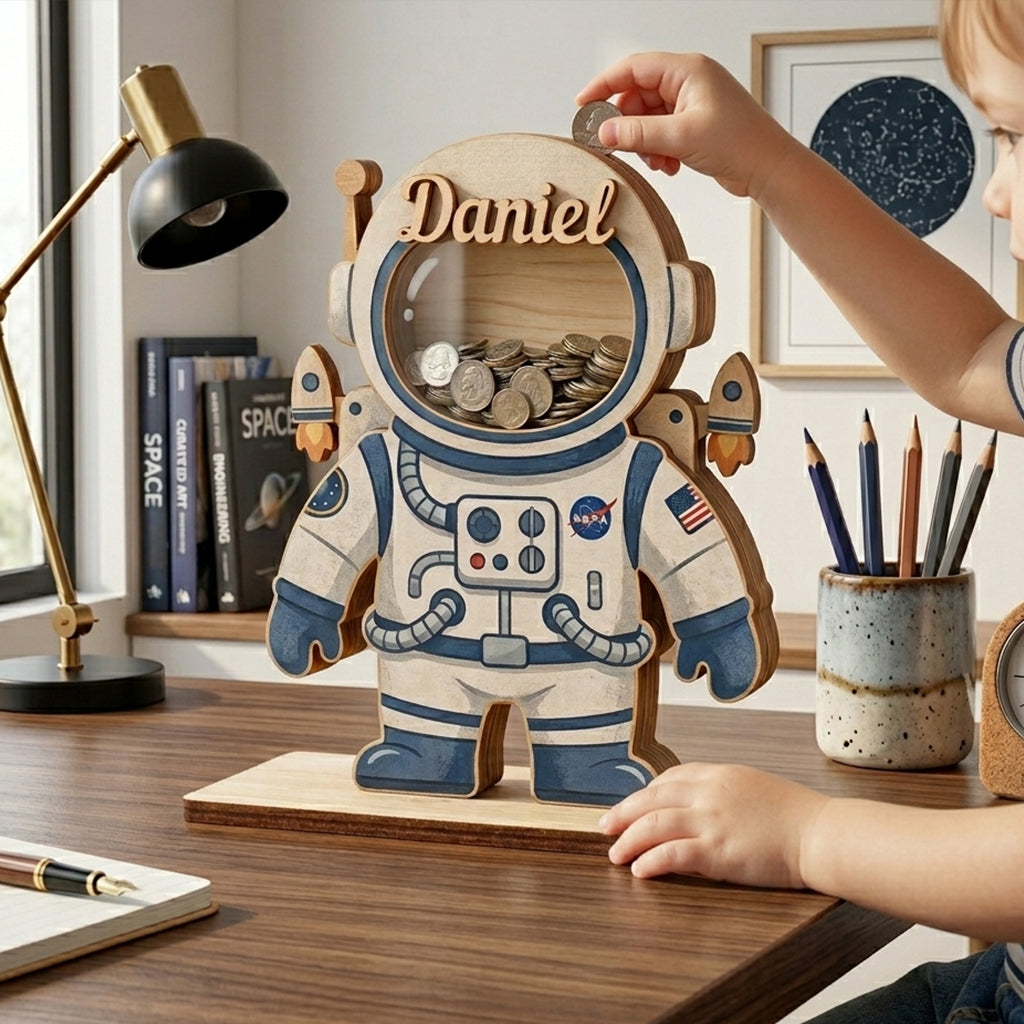 Personalized Astronaut Piggy Bank for Kids, Custom Name Wooden Coin Bank, Space Saving Bank, Birthday Gift for Boys, Nursery Decor