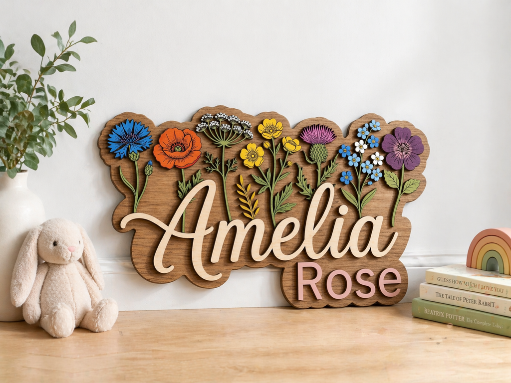 Personalized Wildflower Name Sign, Custom Wooden Floral Nursery Decor, Baby Girl Name Plaque, Wildflower Wall Art for Kids Room