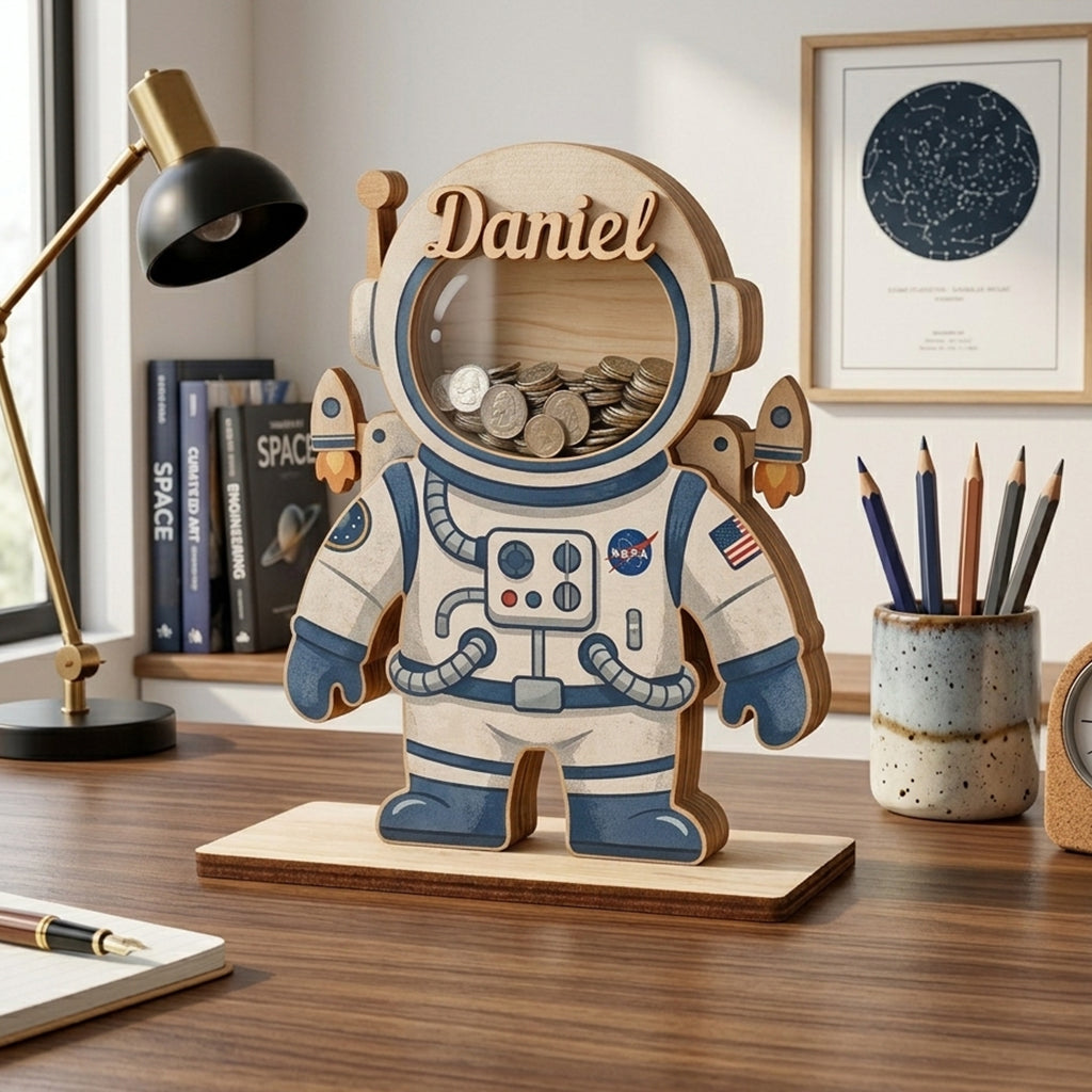 Personalized Astronaut Piggy Bank for Kids, Custom Name Wooden Coin Bank, Space Saving Bank, Birthday Gift for Boys, Nursery Decor