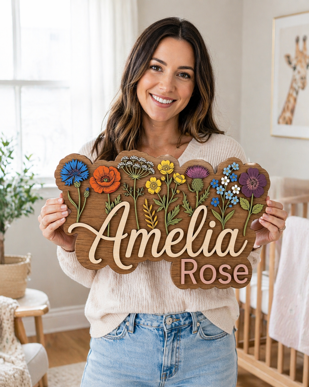 Personalized Wildflower Name Sign, Custom Wooden Floral Nursery Decor, Baby Girl Name Plaque, Wildflower Wall Art for Kids Room
