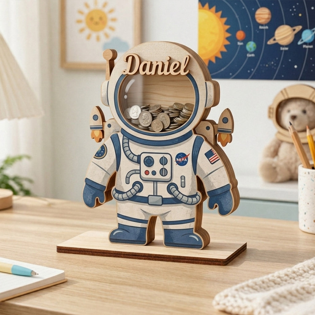Personalized Astronaut Piggy Bank for Kids, Custom Name Wooden Coin Bank, Space Saving Bank, Birthday Gift for Boys, Nursery Decor