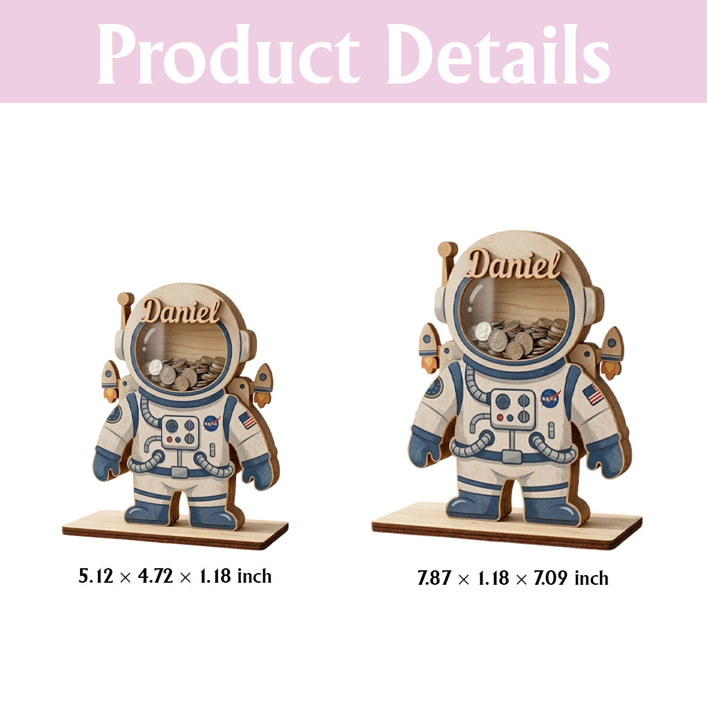 Personalized Astronaut Piggy Bank for Kids, Custom Name Wooden Coin Bank, Space Saving Bank, Birthday Gift for Boys, Nursery Decor