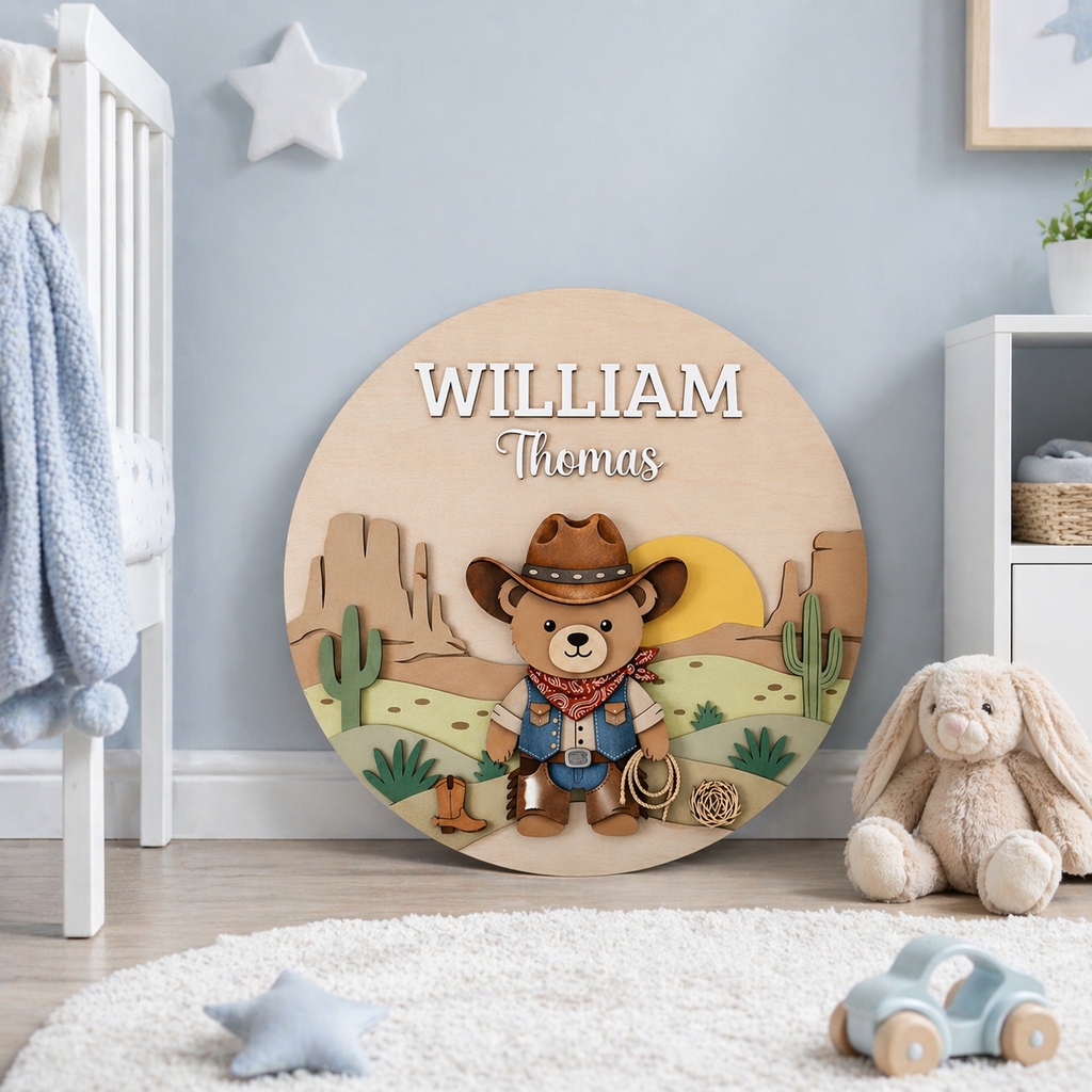 Personalized Cowboy Bear Nursery Sign, Western Baby Boy Room Decor, Custom Wooden Name Plaque, Cowboy Nursery Wall Art