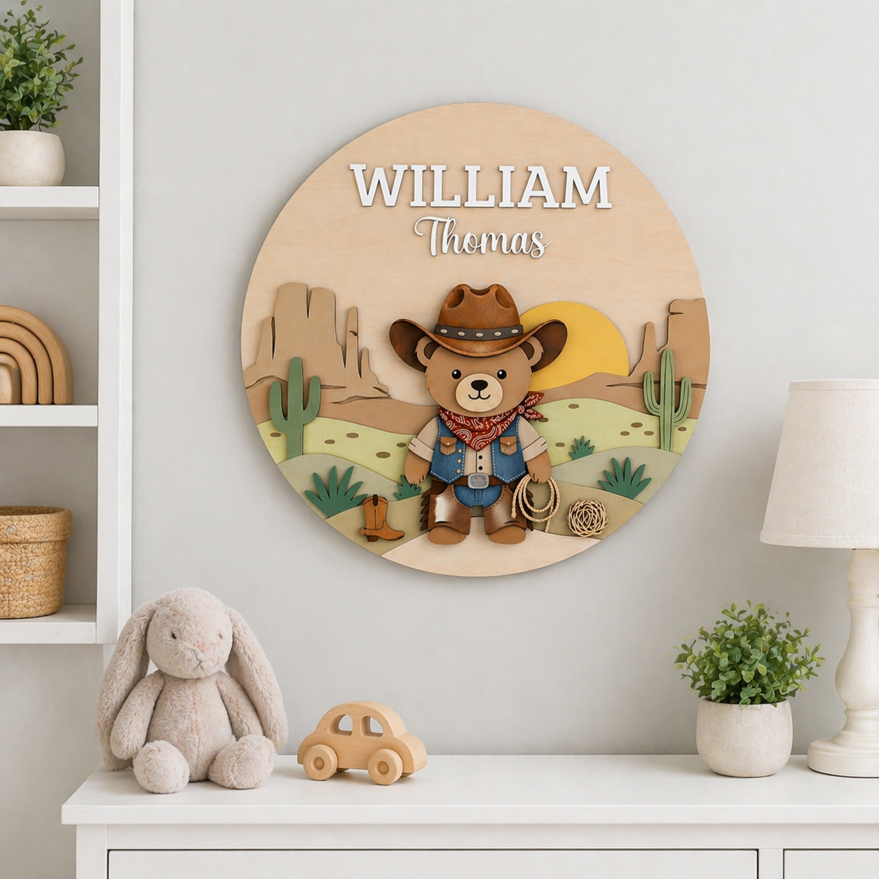 Personalized Cowboy Bear Nursery Sign, Western Baby Boy Room Decor, Custom Wooden Name Plaque, Cowboy Nursery Wall Art